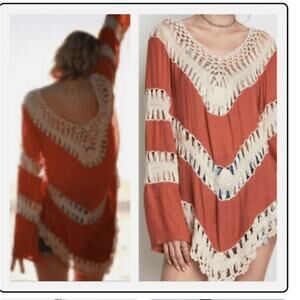 Umgee‎ USA Boho Crochet Top Women's Size Small Rust Red Orange Tunic Beachy